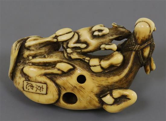 A fine Japanese ivory netsuke of an ox and calf, signed Tomotada, Kyoto School, c.1760-80, L. 6cm